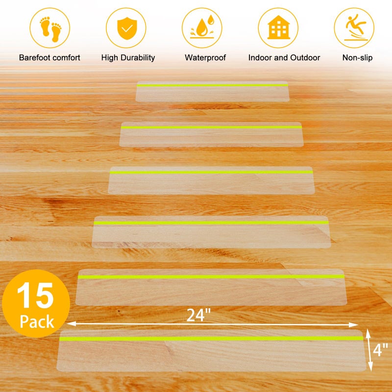 Qingluan Anti Slip Traction Treads with Glow in Dark Stripe, 15-Pack 4"" X 24"" Pre-Cut Stair Treads Non Slip Outdoor Tape Clear Heavy Duty Outdoor Stair Treads - Image 5